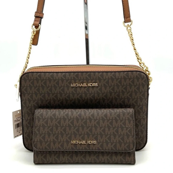 Michael Kors Large EW Crossbody Bag & Large Trifold Wallet Brown/ Gold - Picture 1 of 13